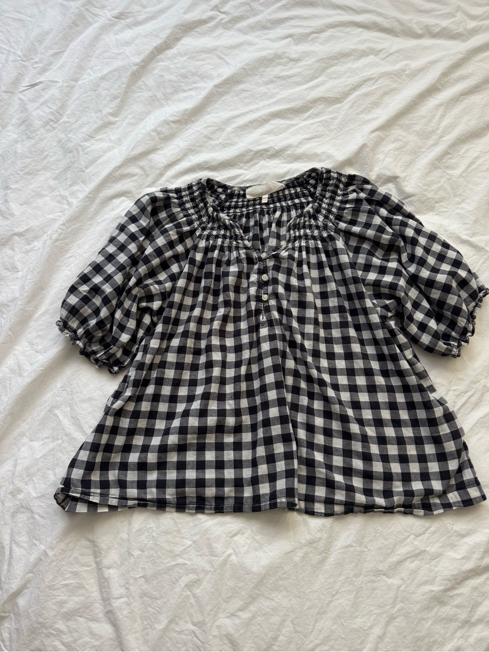 Gingham Shirred Puff-Sleeve Sleep Top from The Great - Black & White - Picture 4 of 5